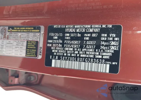 2015 Hyundai Santa Fe Sport 2.4L z USA, uszkodzony, nr VIN 5XYZUDLBXFG283638